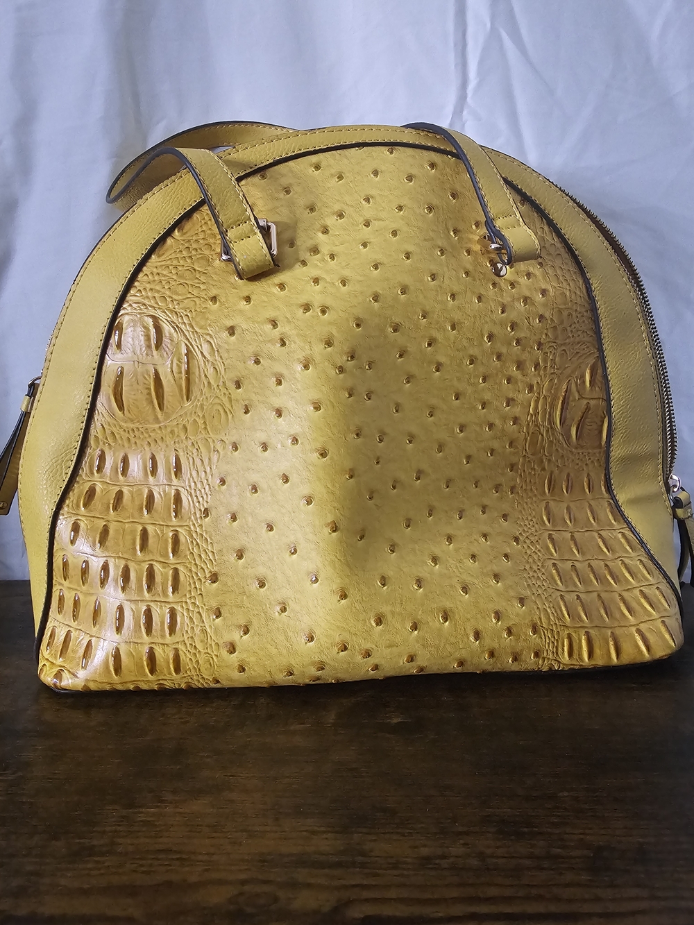 Yellow Ostrich-Textured Dome Satchel Bag